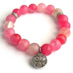 Rustic Cuff Faceted Semiprecious Pink Agate Stones Beaded Stretch Bracelet